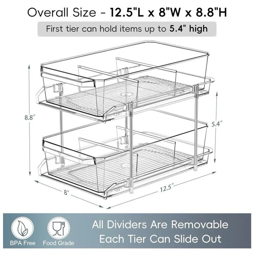Clear 2-Tier Slide-Out Plastic Storage Organizer w/ Removable Dividers 12.5in
